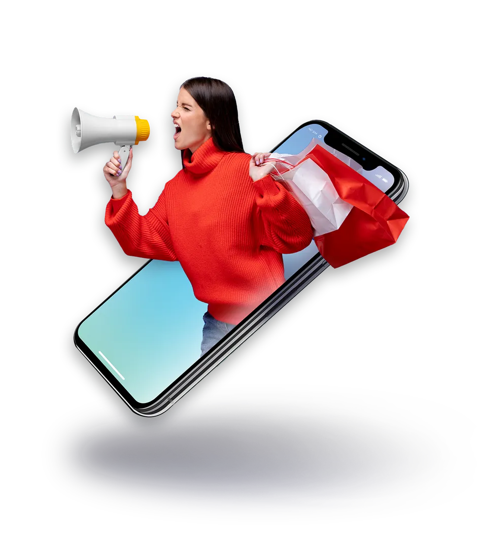 Mujer con megáfono saliendo de un celular